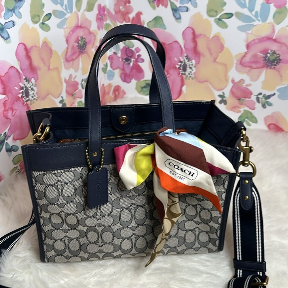 Coach Signature Jacquard Field Tote 30 Navy Blue Crossbody Bag - Picture 8 of 17